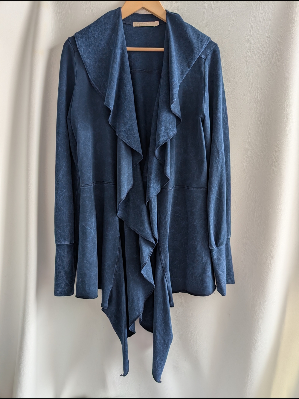Testimony LA Blue Cotton French Terry Draped Ruffle Open-Front Cardigan Coat - S